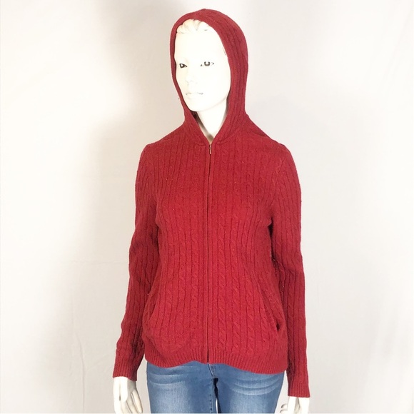 ❤️ Vintage L.L. Bean Red Lambswool Zip Hoodie | 90s Cable Knit | Size Small - Picture 7 of 9